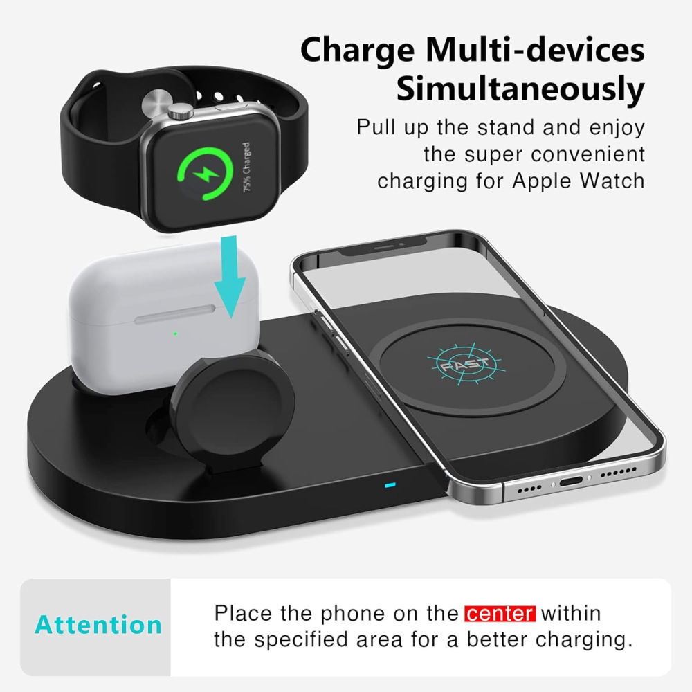 Беспроводная зарядная станция 3 в 1 ESTAVEL Black Fast Wireless Charger (15 Вт, Qi док-станция) для iPhone, Samsung, Apple Watch, Киев - изображение 6