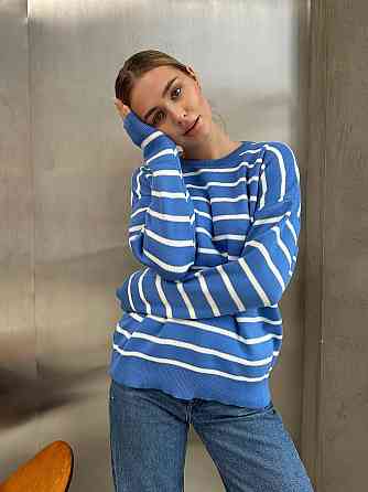 Жіночий базовий смугастий светр оверсайз шерсть 70% акрил 30% Синій Одеса