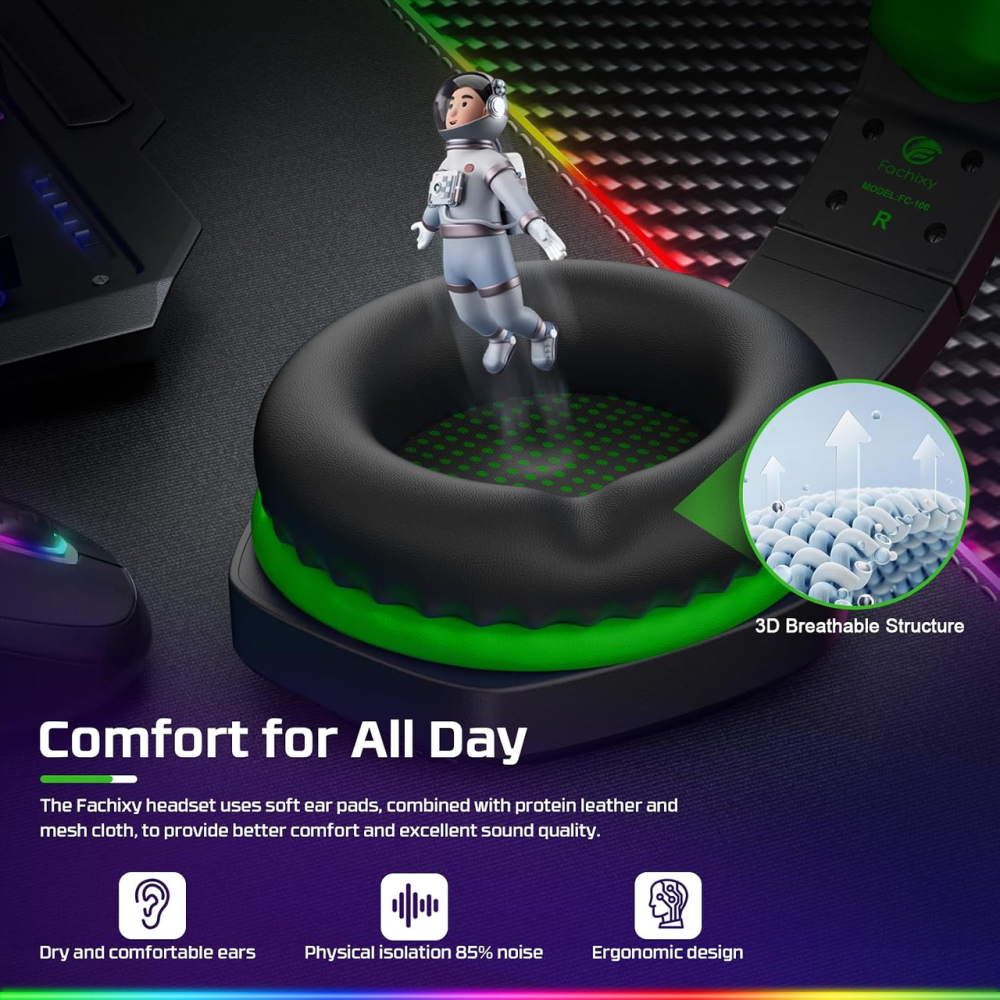 Ігрова гарнітура Fachixy FC100 RGB з мікрофоном, 50 мм, 3.5 мм, для PS4/PS5/Xbox/Switch/ПК/Mac, зелена Київ - фото 6