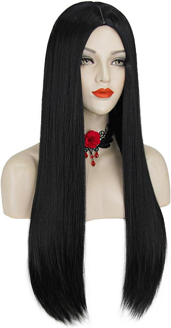 Довга жіноча чорна пряма перука у стилі Мортіши Аддамс для Геловіну, вечірок, косплею, термостійка, синтетичне волосся Київ - фото 2