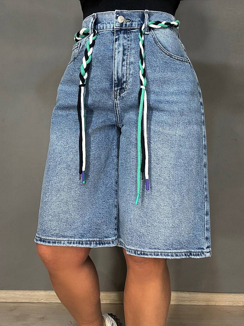 Шорты женские джинсовые Moss 787 бермуды с резинкой на поясе большие размеры голубые, голубой, З2, 32, 90 см, 117 см Киев - изображение 1