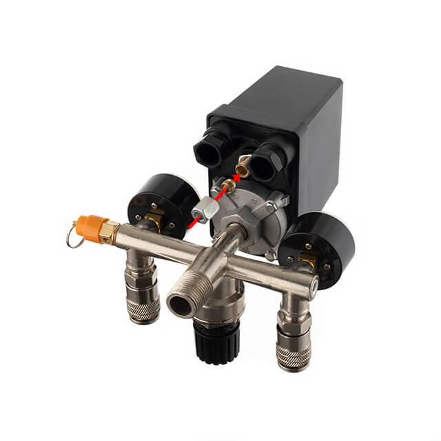 Пресостат 380 В (блок автоматики компресора) в зборі: пресостат, редуктор, 2 манометри, запобіжний клапан, 2 виходи, 10 бар Київ - фото 7