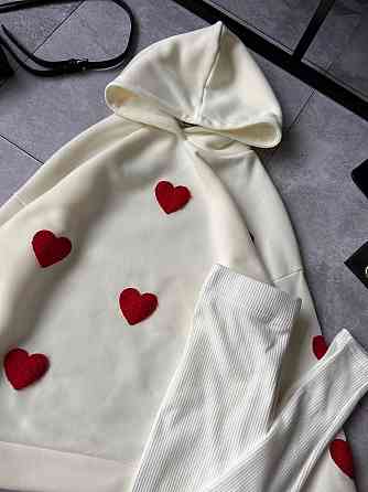 Жіночий теплий прогулянковий костюм-двійка з сердечками тринитка на флісі + ангора рубчик Молочний, 50/52 Одеса