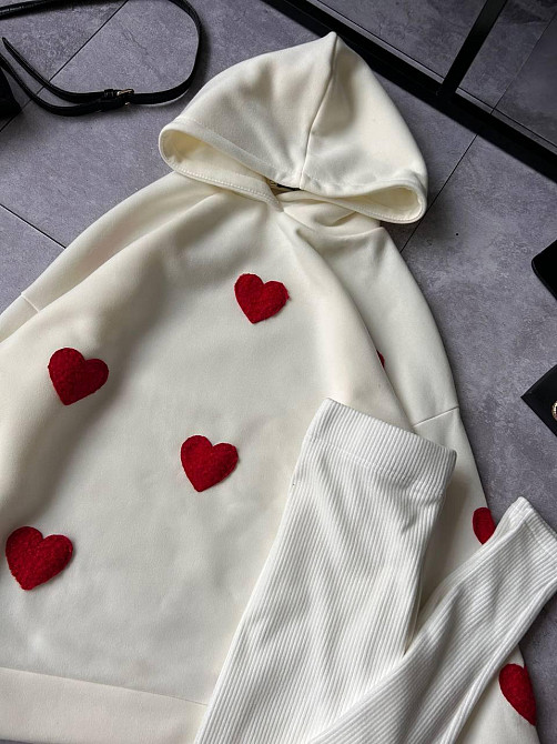 Жіночий теплий прогулянковий костюм-двійка з сердечками тринитка на флісі + ангора рубчик Молочний, 50/52 Одеса - фото 6