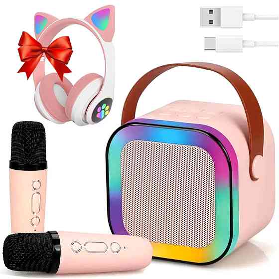 Караоке з 2 мікрофонами К12 + Подарунок Навушники з вушками VZV-23M / Портативна колонка RGB / Дитяче караоке Київ