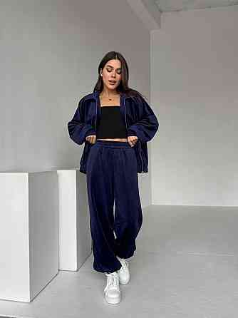 Жіночий прогулянковий костюм-двійка: кофта та штани з турецького велюру Синій, 46/48 Одеса