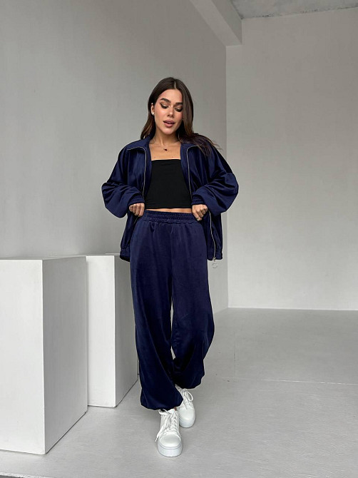 Жіночий прогулянковий костюм-двійка: кофта та штани з турецького велюру Синій, 46/48 Одеса - фото 1