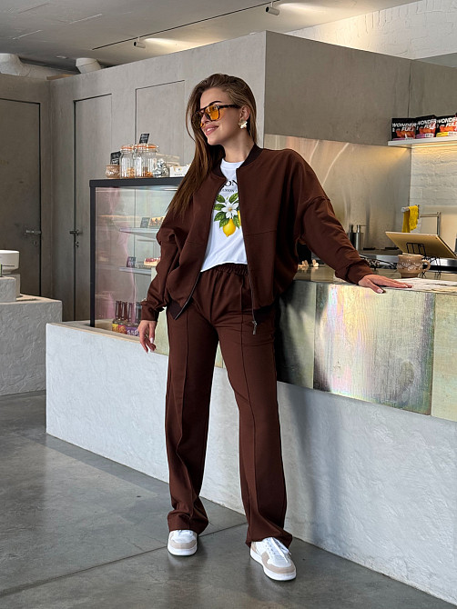 Женский костюм оверсайз с широкими брюками из двунитки Коричневый 42/44 Харьков - изображение 1