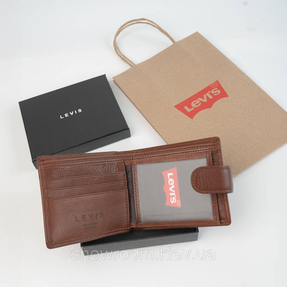 Чоловічий шкіряний гаманець на кнопці Levis (2081) brown Київ - фото 2