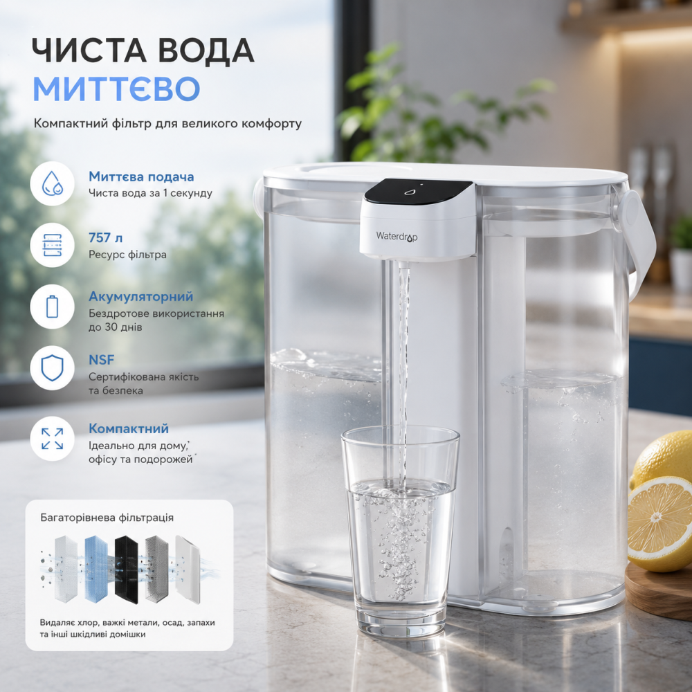 Компактный электрический фильтр для воды Waterdrop Instant, 757 л, настольный, аккумуляторный, мгновенная подача воды, NSF Киев - изображение 11