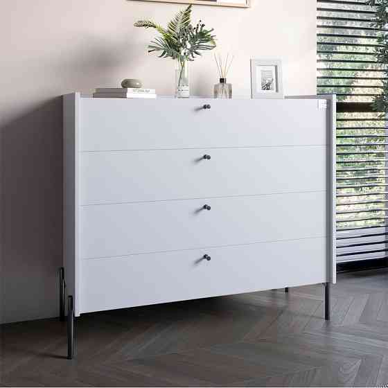 Комод с 4 ящиками LION Wood с черными ножками 100х90х45 см Нимфея Альба (белый) (LION-042983) ТОП Львов