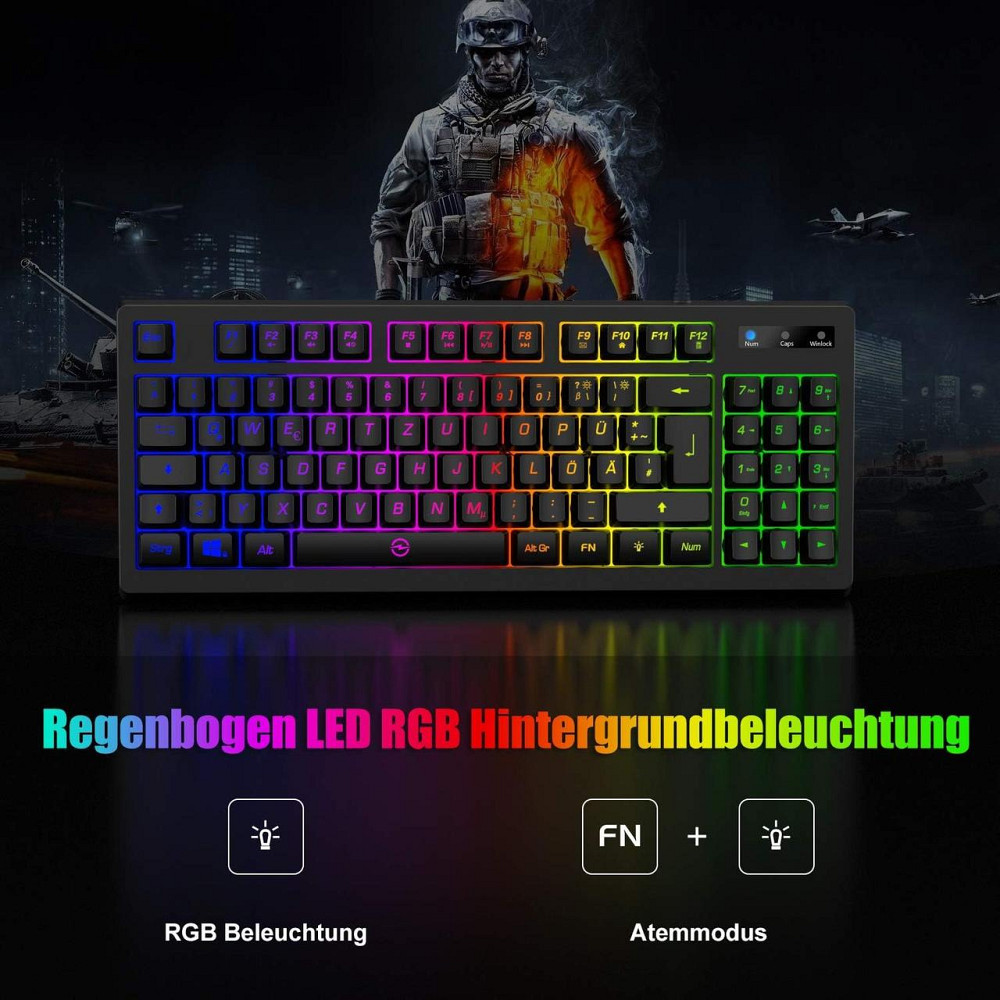 Игровая клавиатура KLAS REMO G076, 90 клавиш, RGB-подсветка, Anti-Ghosting 25 клавиш, QWERTZ, USB, черная Киев - изображение 1