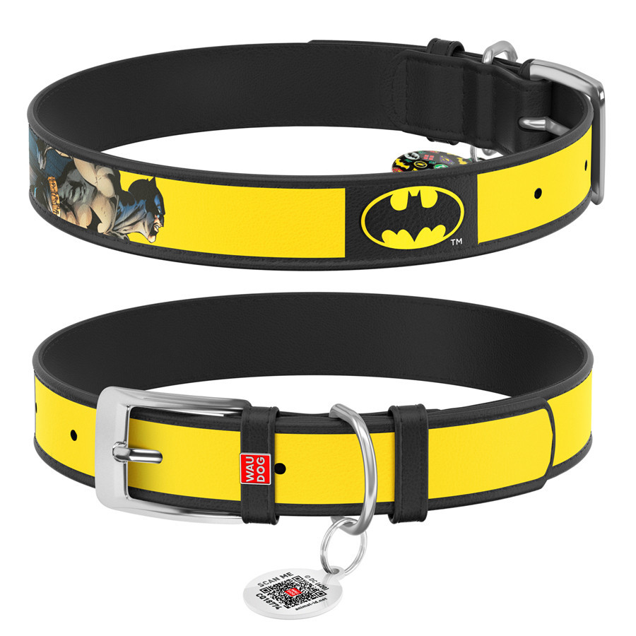 Нашийник для собак шкіряний WAUDOG Design з QR паспортом, малюнок "Бетмен2", Ш 20 мм, Д 29-38 см чорний Вінниця - фото 1