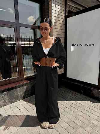 Женский стильный оверсайз костюм двойка: худи и штаны двунитка 42/46, Черный Одесса