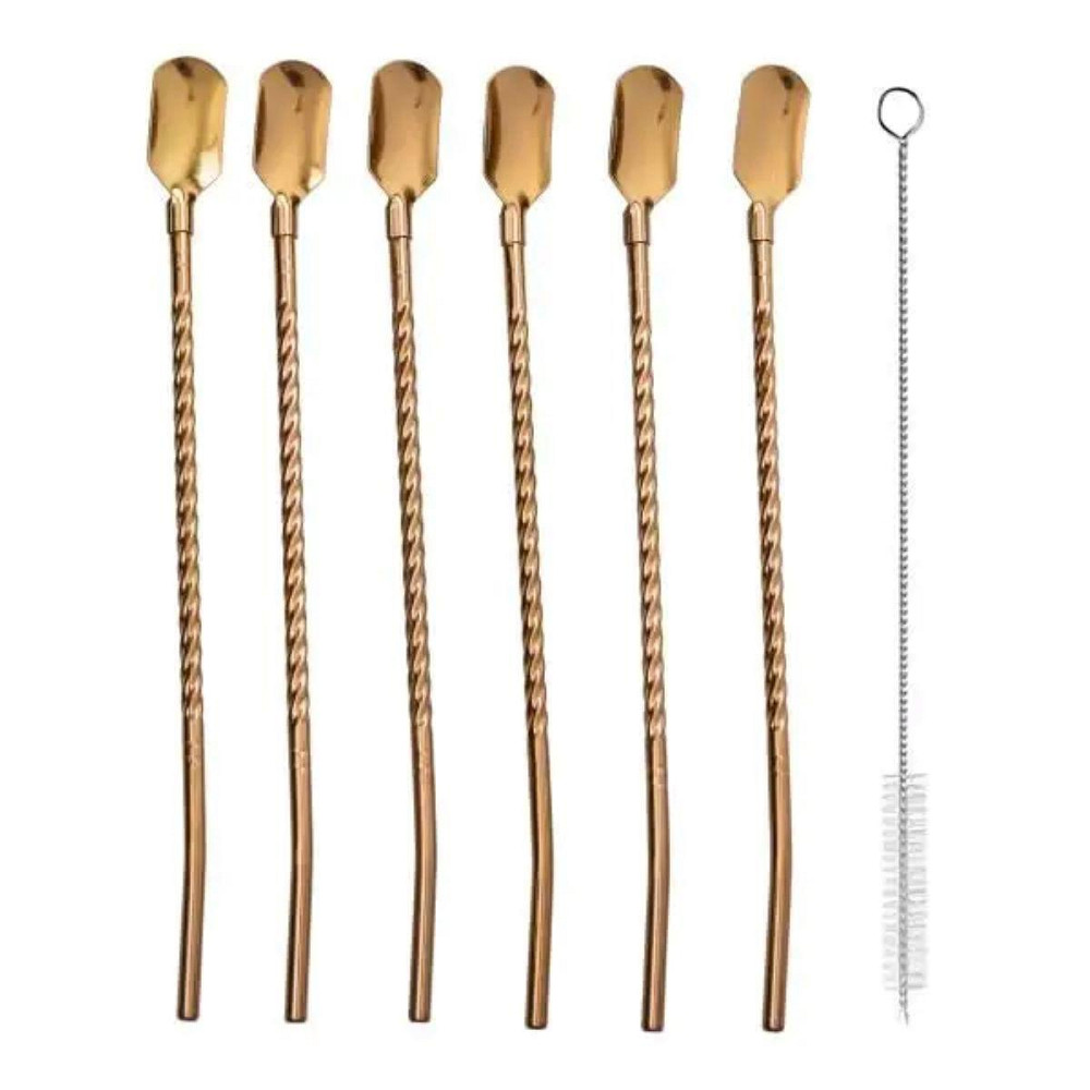 Набір багаторазових ложок-трубочок 6 шт для напоїв 22 см зі щіткою для миття з нержавіючої сталі Бронзовий HP-20-20 Київ - фото 1