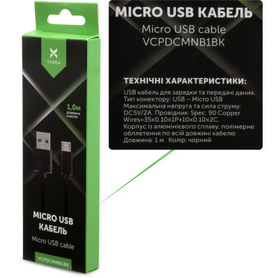 Дата кабель USB 2.0 AM to Micro 5P 1m nylon black Vinga (VCPDCMNB1BK) Вінниця - фото 4
