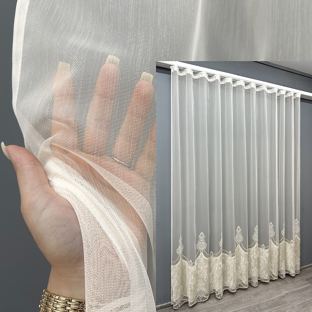 Тюль VR-Textil 1815т Бамбук с вышивкой и бархатом Молочный  300х270 см (40-111) Киев - изображение 1