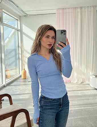 Жіночий стильний лонгслів "поло" з коміром Блакитний, 42/44 Одеса