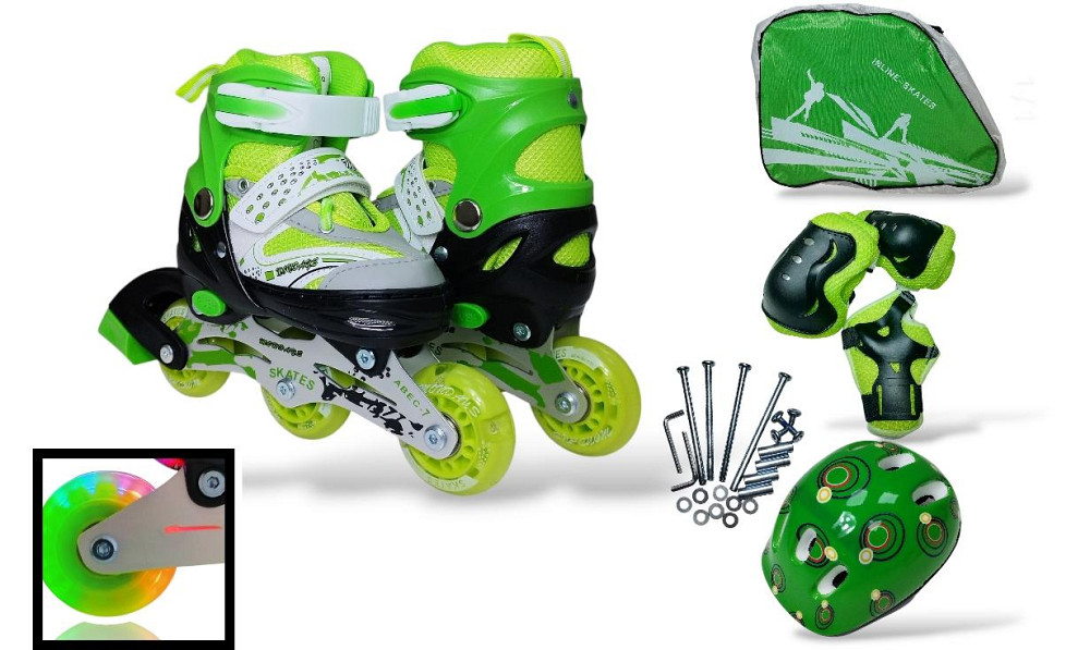 Детские ролики с переставными колесами, с наколенниками, налокотниками и шлемом Happy. Зеленый цвет. Одесса - изображение 1