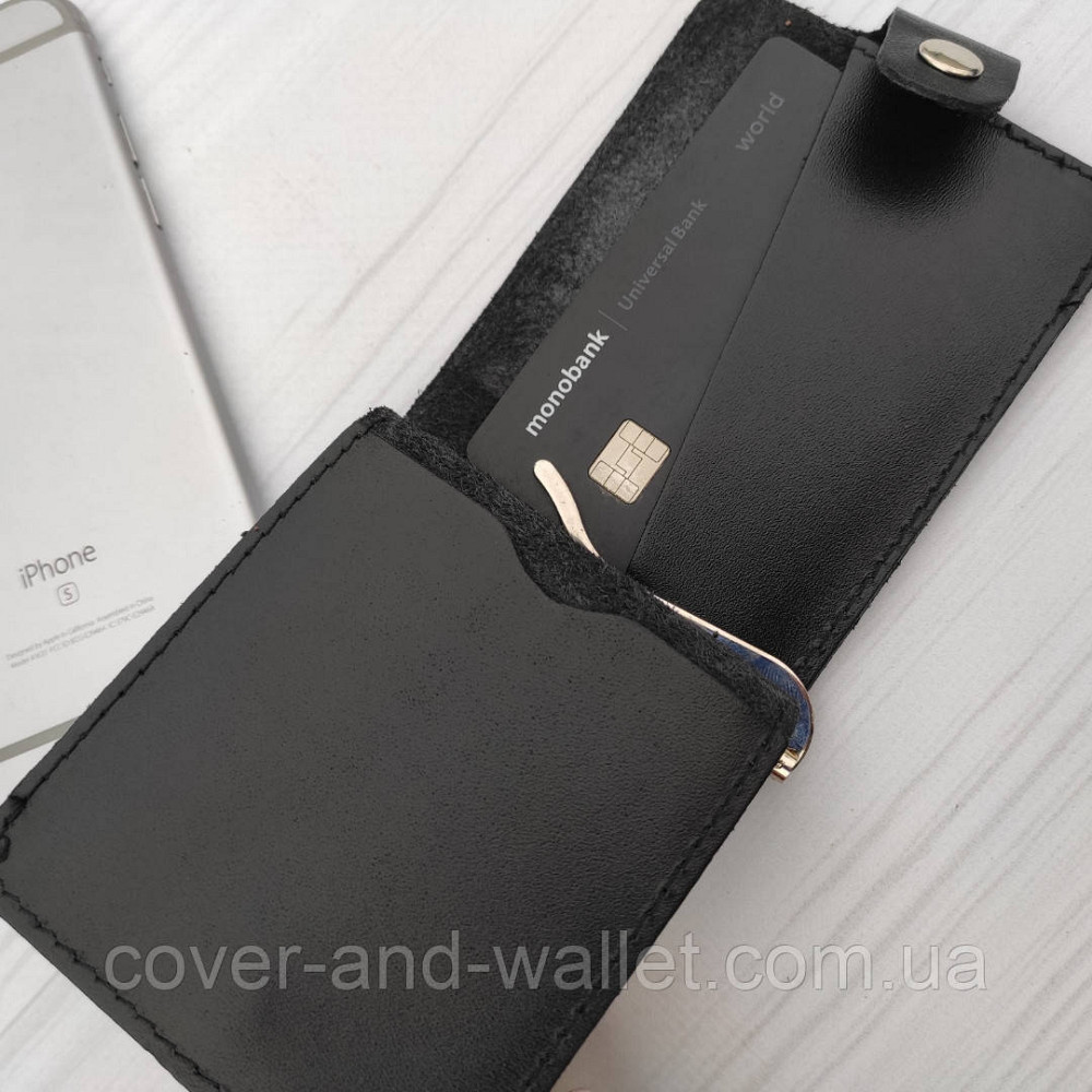 Затискач для грошей на кнопці із вінтажної шкіри чорного кольору Puos Київ - фото 8