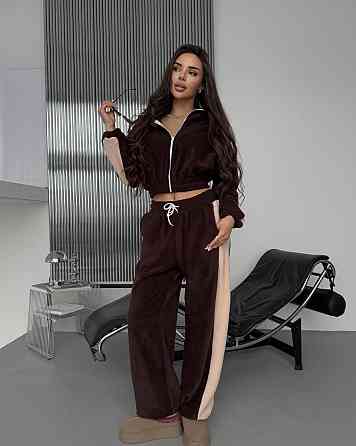 Жіночий теплий повсякденний костюм із лампасами, двобічний фліс Шоколад Одеса