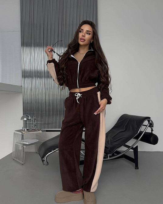 Жіночий теплий повсякденний костюм із лампасами, двобічний фліс Шоколад Одеса - фото 1