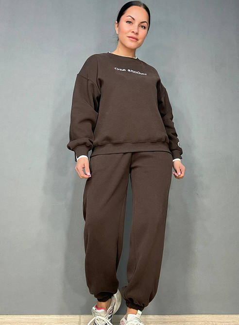 Костюм женский A-N 27063 свитшот и джогеры оверсайз с вышивкой коричневый, коричневый, M Киев - изображение 1