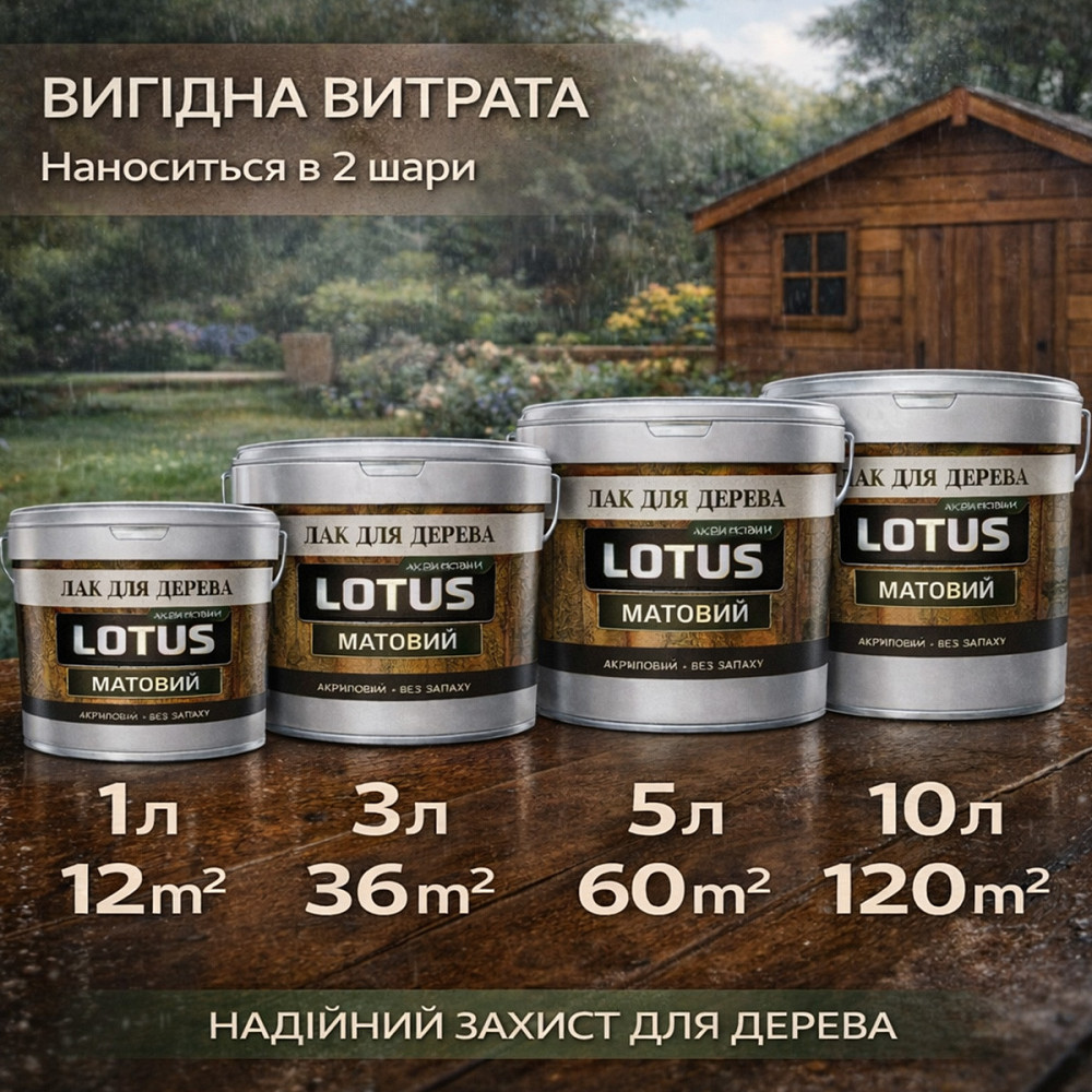 Лак для дерева LOTUS матовий акриловий прозорий без запаху зносостійкий універсальний для підлоги меблів та фасаду 1 л Харків - фото 8