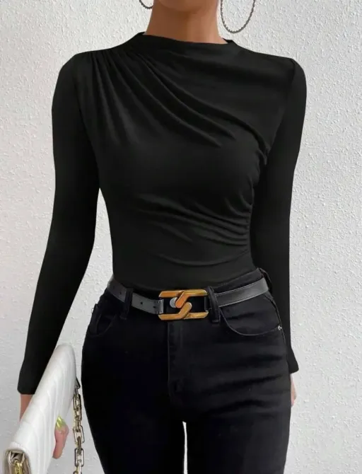 Женский базовый лонгслив с драпировкой микродайвинг Черный, 46/48 Одесса - изображение 3