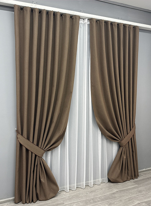 Комплект штор VR-Textil 100% блекаут ASHEN NIGHT 150х270 2шт і Тюль 600х270 1854ш-1153т коричневий з білим 71-094/5 Київ - фото 2