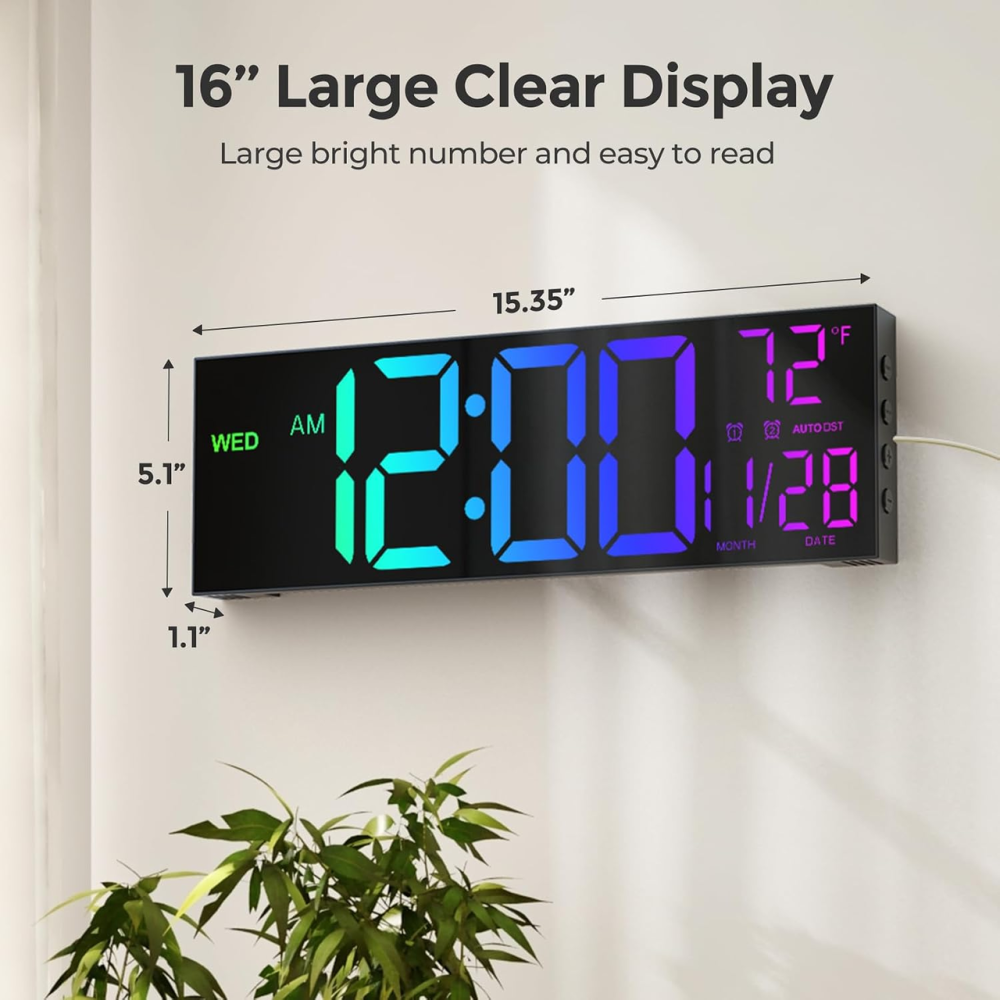 Уцінка! Цифровий настінний годинник GOLOZA 16″ LED, 8 кольорів, 2 будильники, нічник, регулювання яскравості, чорний Київ - фото 3