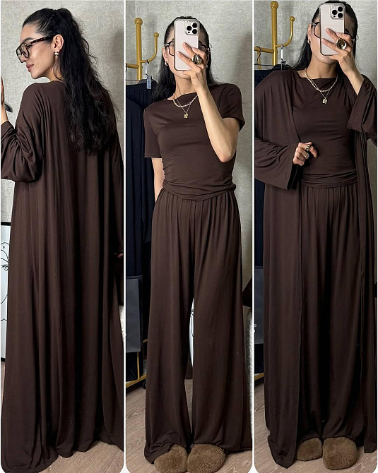 Женский легкий оверсайз костюм тройка: кардиган футболка и штаны турецкая вискоза Шоколад Одесса - изображение 1