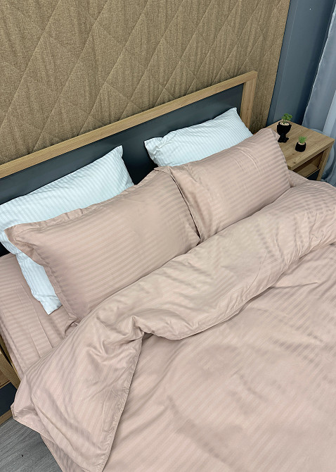 Комплект постельного белья Страйп-сатин Двуспальный 180х220 с простыней на резинке Таш (88-110) Киев - изображение 7