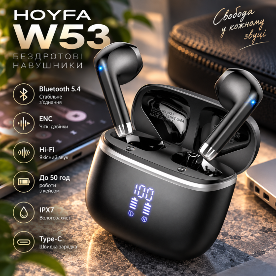 Беспроводные Bluetooth-наушники HOYFA W53 Bluetooth 5.4, ENC, Hi-Fi, до 50 ч, LED-дисплей, IPX7, Type-C, черные Киев