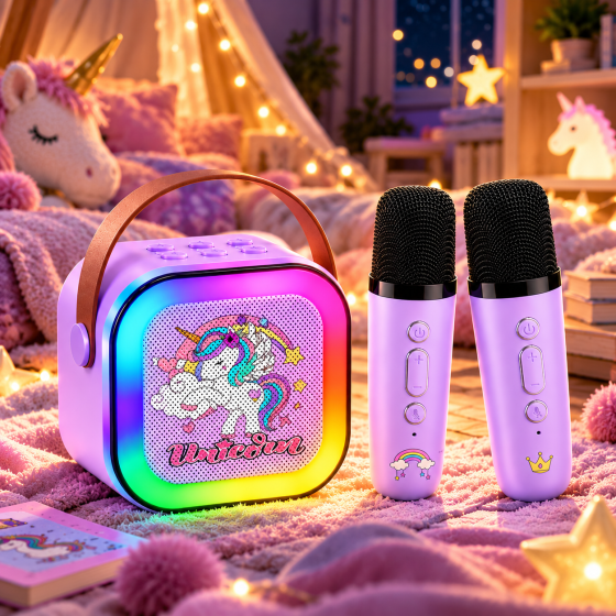 Дитяча караоке-система Unicorn з 2 бездротовими мікрофонами, RGB-підсвіткою, портативна, фіолетова Київ