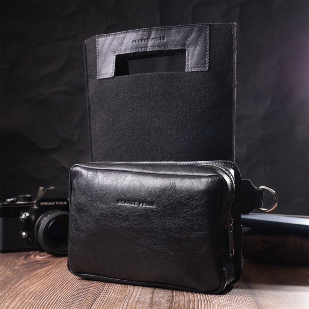 Сумка бананка прямоугольного формата из качественной натуральной кожи GRANDE PELLE 22576 Черный Киев - изображение 1