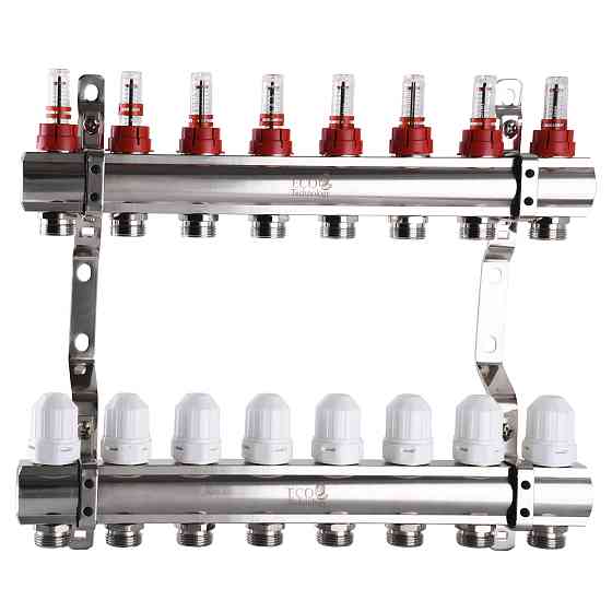 Колектор з вимірювачем витрат, регуляторами та кріпленням ECO 001D 1″x8 Тернопіль