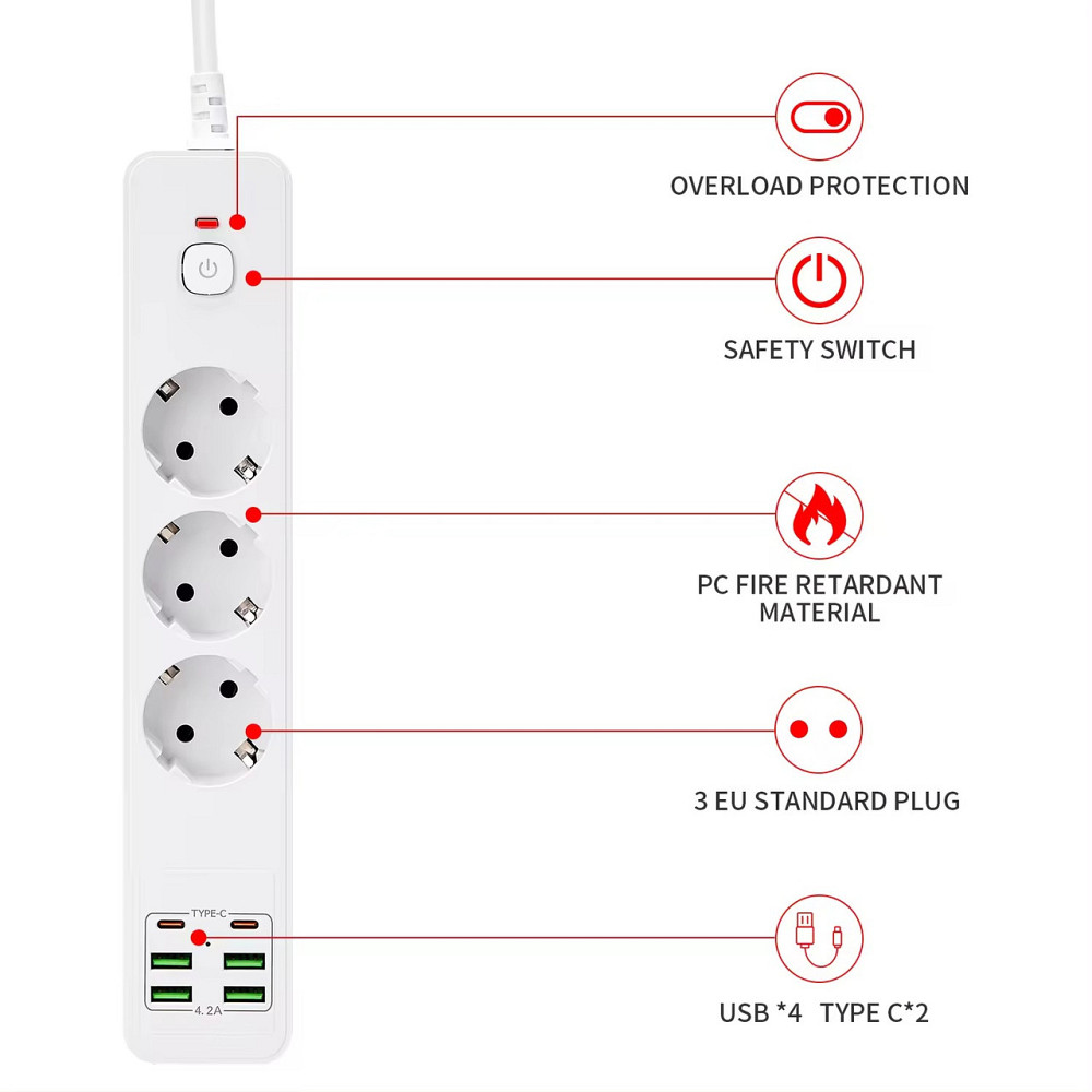 Мережевий фільтр BKL-03 4 USB + 2 Type-C, 100-250V, 10А, 3 розетки, білий Кам'янець-Подільський - фото 3