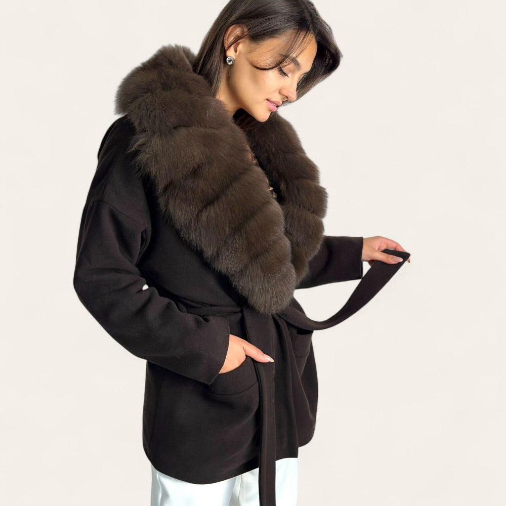 Женское пальто с меховым воротником Шоколадный, 48 Харьков - изображение 6