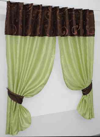 Кухонные шторы VR-Textil № 073к с ламбрекеном и подхватами салатовый с коричневым 270х170 см ( 52-0073) Киев