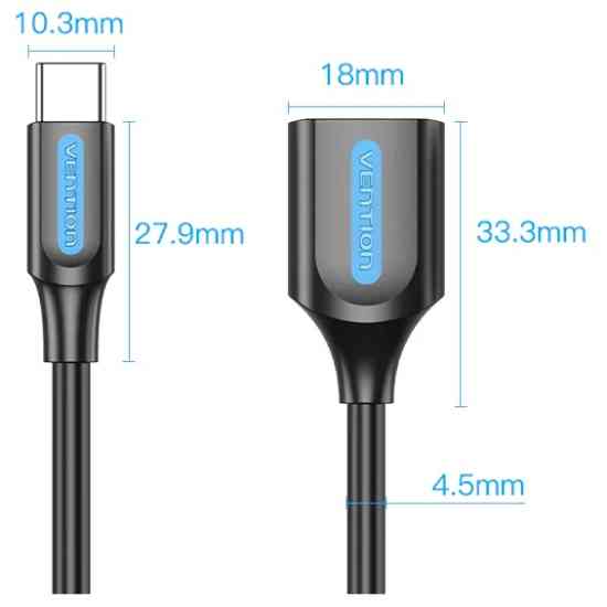 Перехідник USB 2.0 Type-C --> USB AF (OTG), 0.15 m  PVC Vention чорний Вінниця