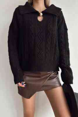 Жіночий базовий оверсайз светр з коміром та бусинкою застібкою на горловині машинна вʼязка Одеса