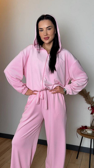 Жіночий стильний костюм-трійка: кофта топ і штани велюр плюш Рожевий, 44/46 Одеса - фото 5