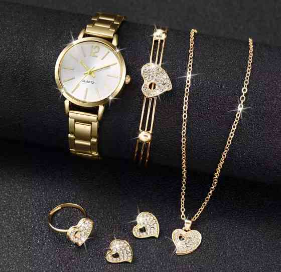 Подарунковий набір для жінок Серце з камінням наручний годинник каблучка каблучка браслет намисто та сережки золотий Київ