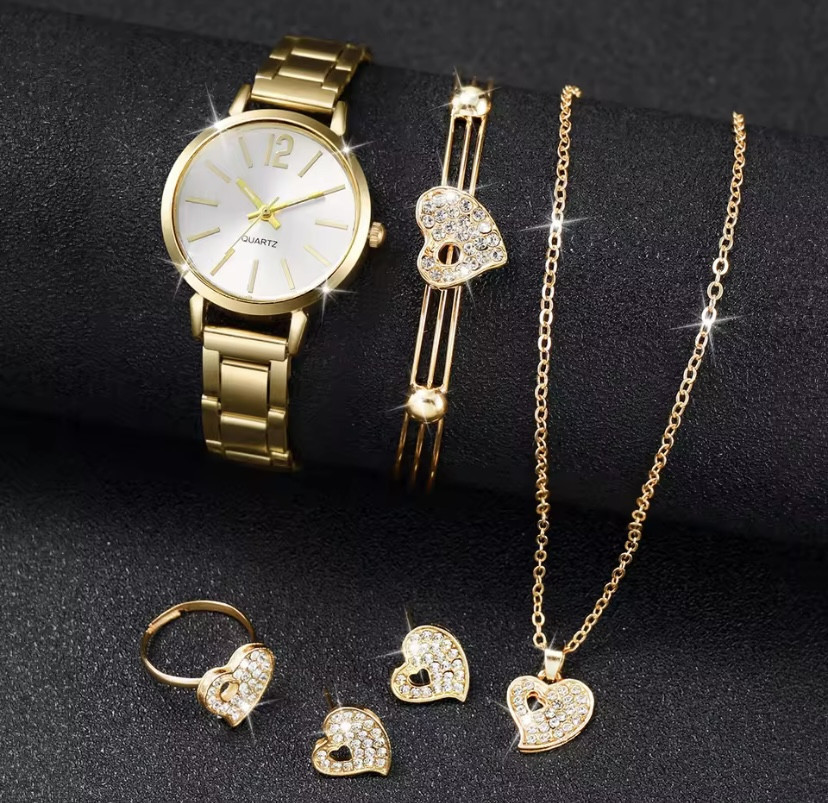 Подарунковий набір для жінок Серце з камінням наручний годинник каблучка каблучка браслет намисто та сережки золотий Київ - фото 3