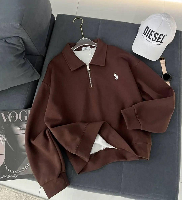 Женский повседневный оверсайз свитшот на молнии с воротником двунитка Шоколад Одесса - изображение 1