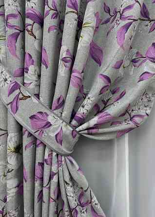 Комплект готових штор VR-Textil Льон з квітковим принтом "Прованс" № 1820ш Сірий з фіолетовим 140х265 см 2 шт (39-963) Київ