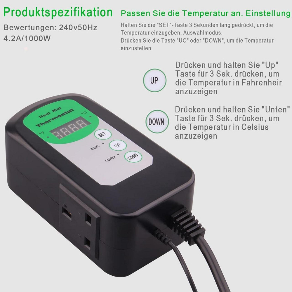 Цифровий термостатний регулятор RIOGOO для пророщування насіння, рослин, рептилій, ферментації, 20–42 °C, терморегулятор Київ - фото 5