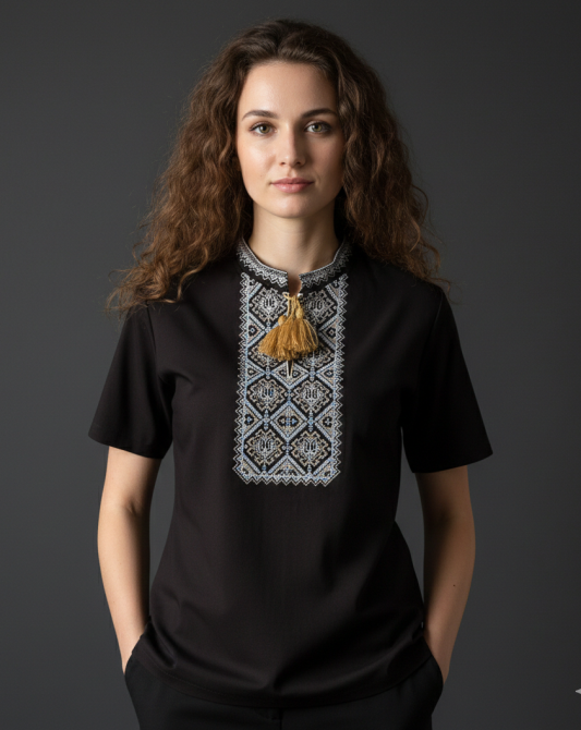 Жіноча вишита футболка чорна з коміром-стійкою і Тризубом в орнаменті 3XL Київ - фото 1