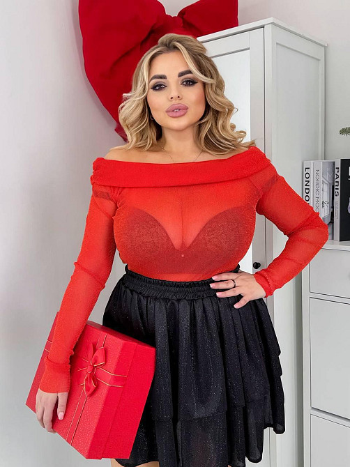 Женское привлекательное блестящее боди с открытыми плечами сетка с золотым напылением Красный, 50/52 Одесса - изображение 1